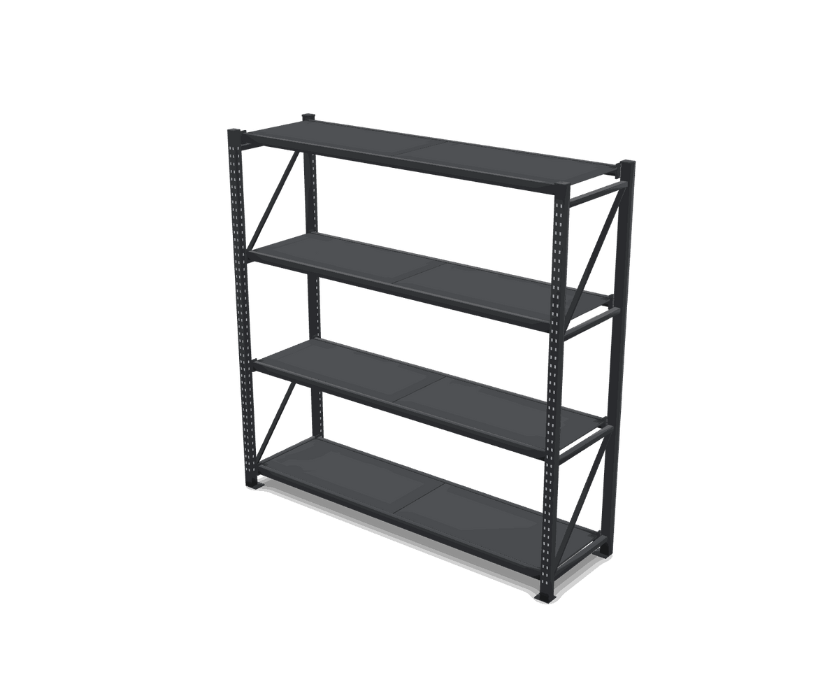Estantería Negra 200 × 200 × 60 cm · 4 estantes · 200 kg/nivel armada