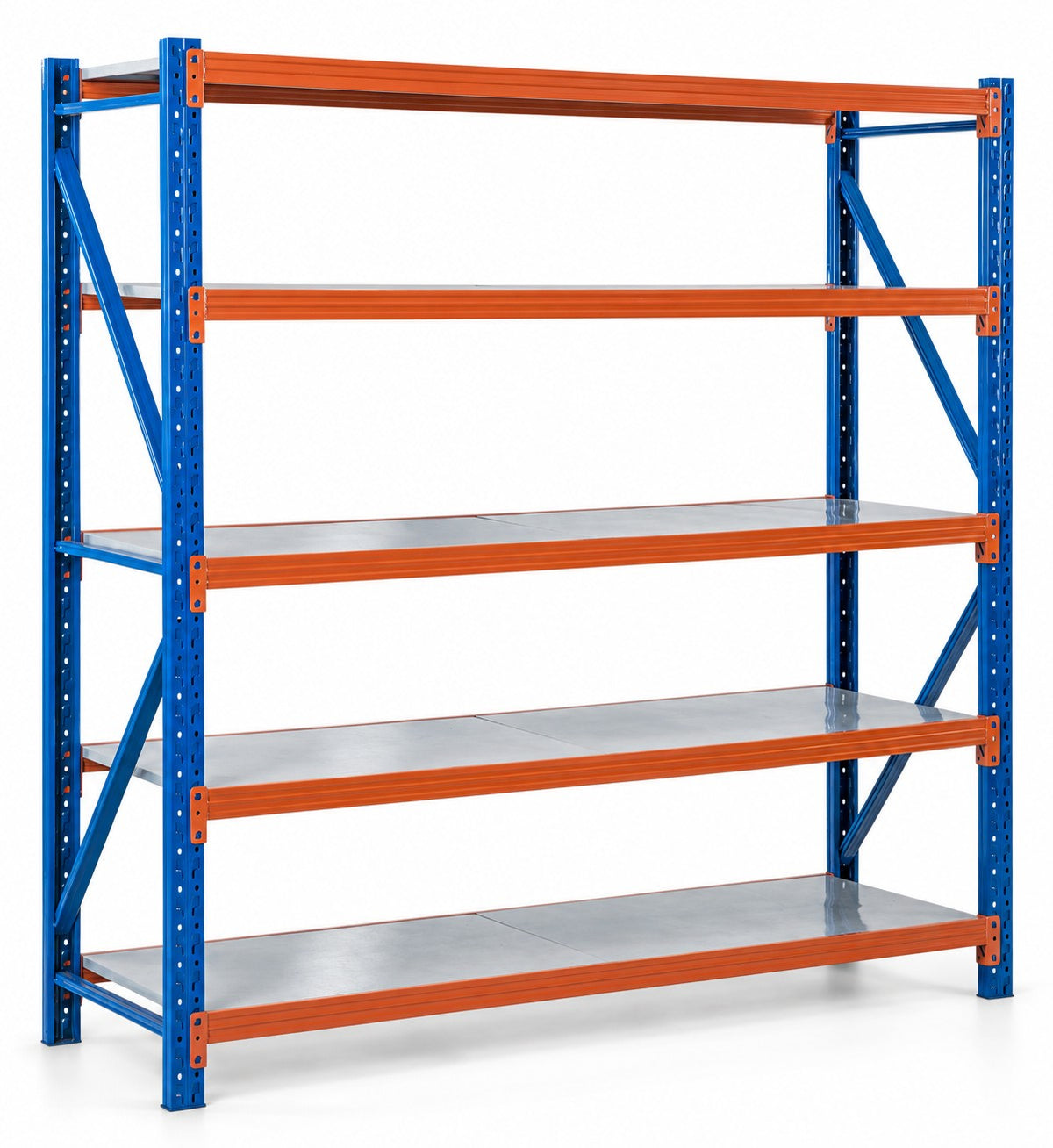 Estantería reforzada 500 kg de 2 × 2 × 0,60 m con 5 estantes galvanizados, vista en perspectiva