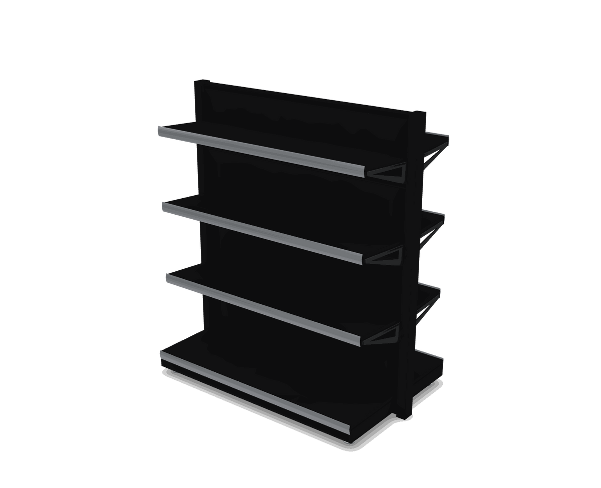Góndola central doble faz 120 × 135 × 77 cm · 4 niveles por lado armada