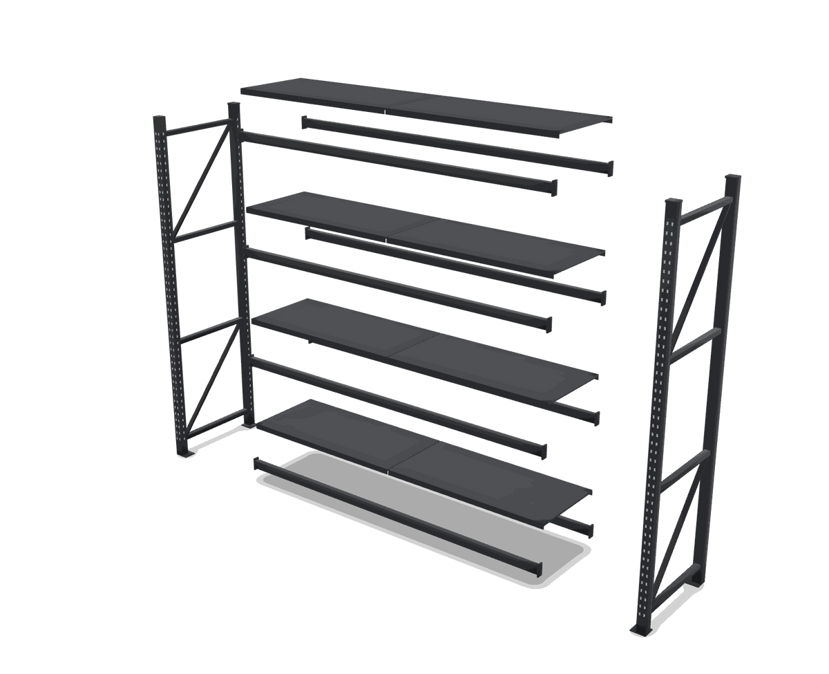Estantería Negra 200 × 200 × 60 cm · 4 estantes · 200 kg/nivel con sus piezas separadas