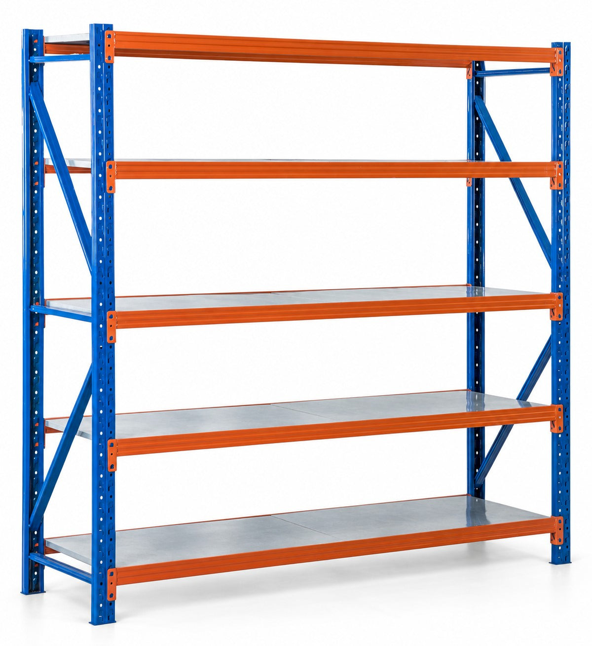 Estantería reforzada 500 kg de 2 × 2 × 0,60 m con 5 estantes, parantes azules y largueros naranja, vista de frente