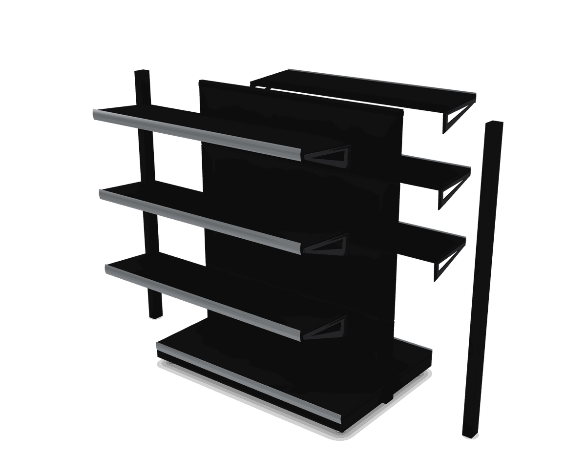 Góndola central doble faz 120 × 135 × 77 cm · 4 niveles por lado con sus piezas separadas